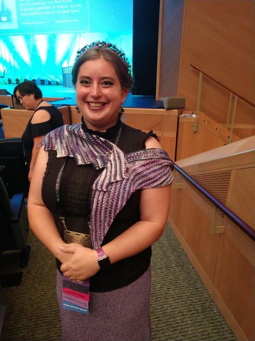 Terri with crown, shawl, and outfit